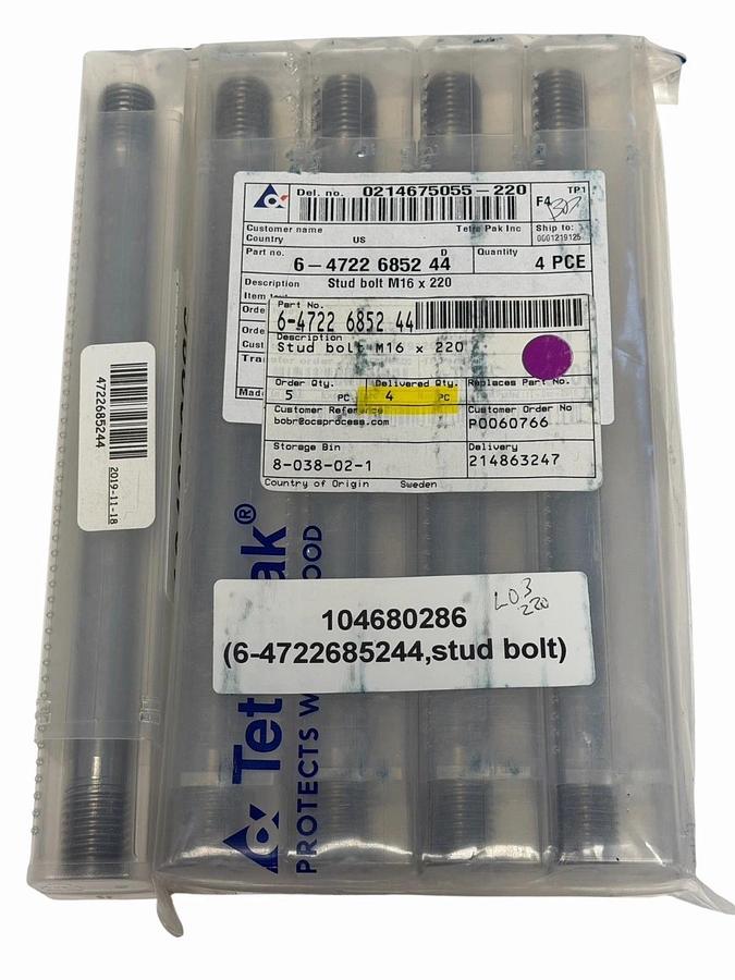 Used LOT OF 5 NEW TETRA PAK 6-4722 6852 44 STUD BOLTS M16 X 220