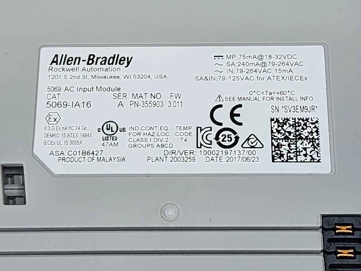 Allen Bradley 5069-IA16 /A CompactLogix 5000 I/O AC Input Module 16Pt 120V NSMP 889508141602
