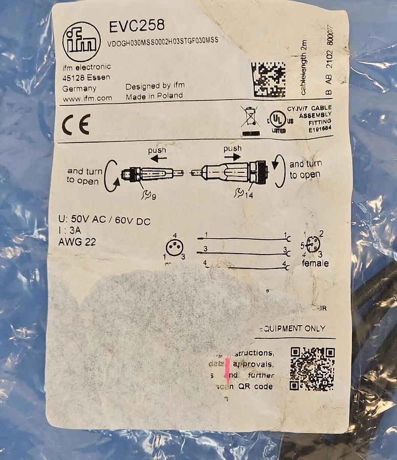Used NEW IFM EVC258 CONNECTION CABLE VDOGH030MSS0002H03STGF030MSS