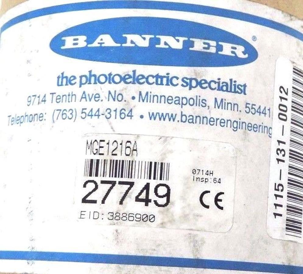 Used BANNER MGE1216A LIGHT CURTAIN EMITTER GUARD 27749, 38MM