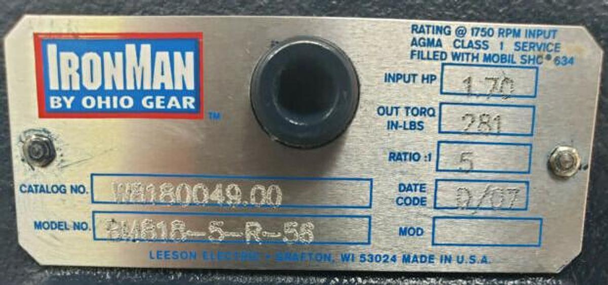 Used NEW LEESON IRON MAN W8180049.00 BM818-5-R-56 RIGHT ANGLE GEAR REDUCER 1.70HP 5:1