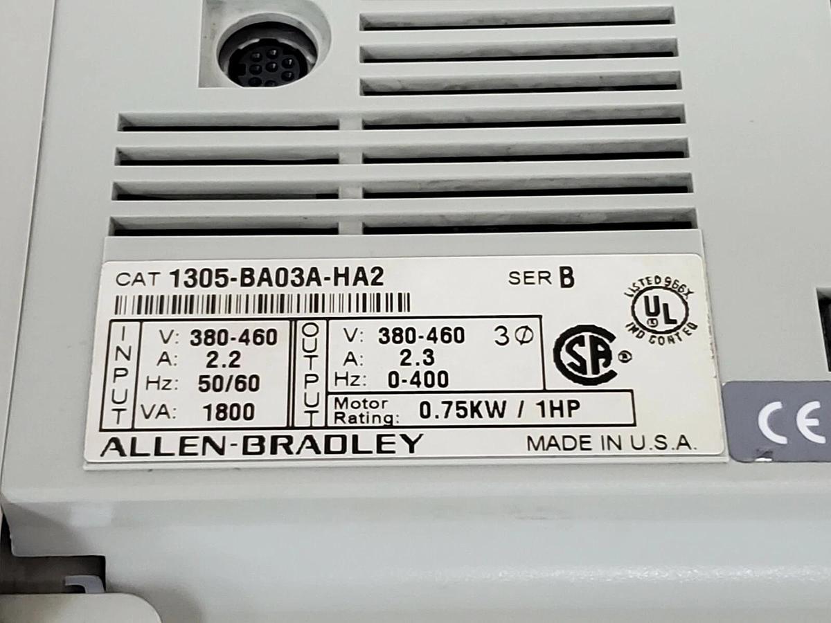 Used ALLEN BRADLEY 1305-BA03A-HA2 AC DRIVE SER. B  W/ 1201-HA2 (MISSING FRONT PLATE)
