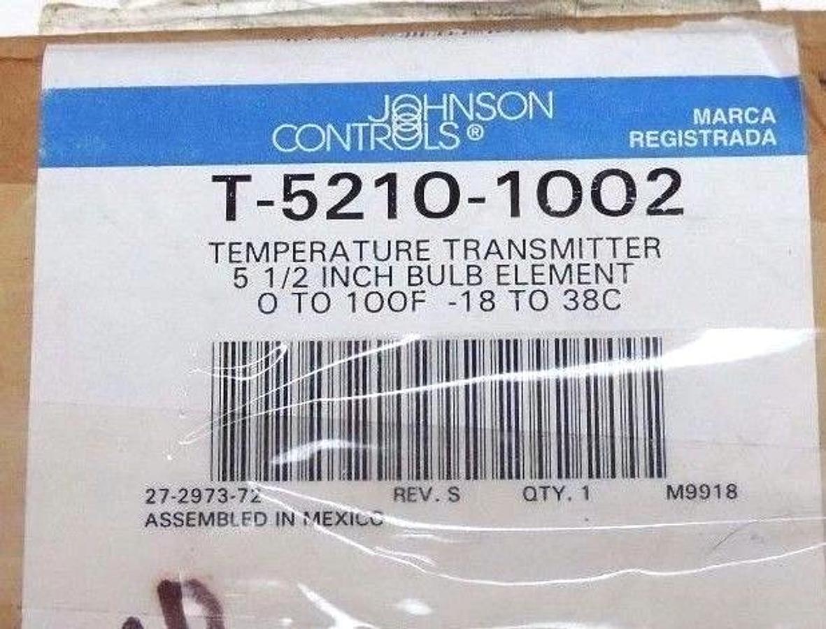 NIB JOHNSON CONTROLS T-5210-1002 TEMPERATURE TRANSMITTER 0-100 DEG F 5-1/2" BULB