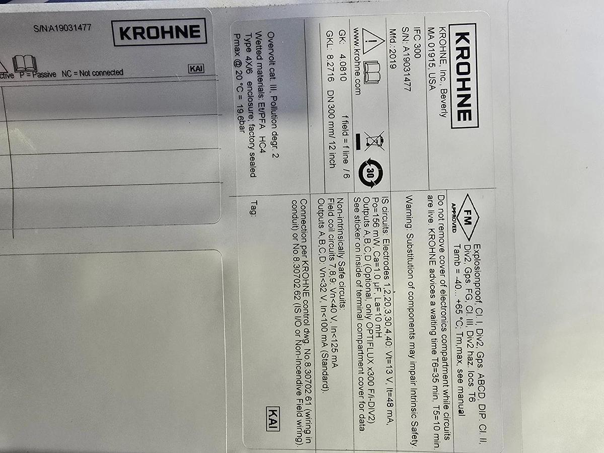 KROHNE DN300 mm / 12" inch ELECTROMAGNETIC FLOW METER OPTIFLUX 4000-DIV2 NSMP