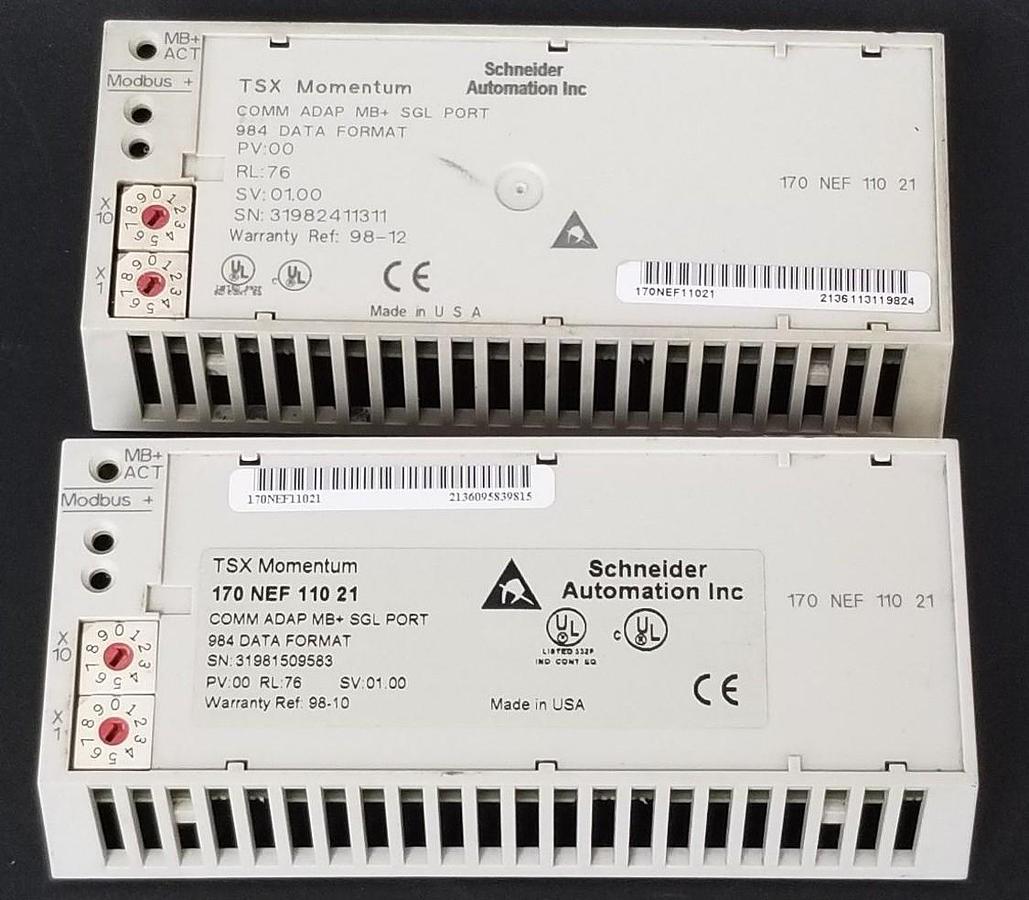 Used 2 SCHNEIDER MODICON 170NEF11021 COMM ADAP MB+ SGL PORT PV: 00, RL: 76, SV: 01.00