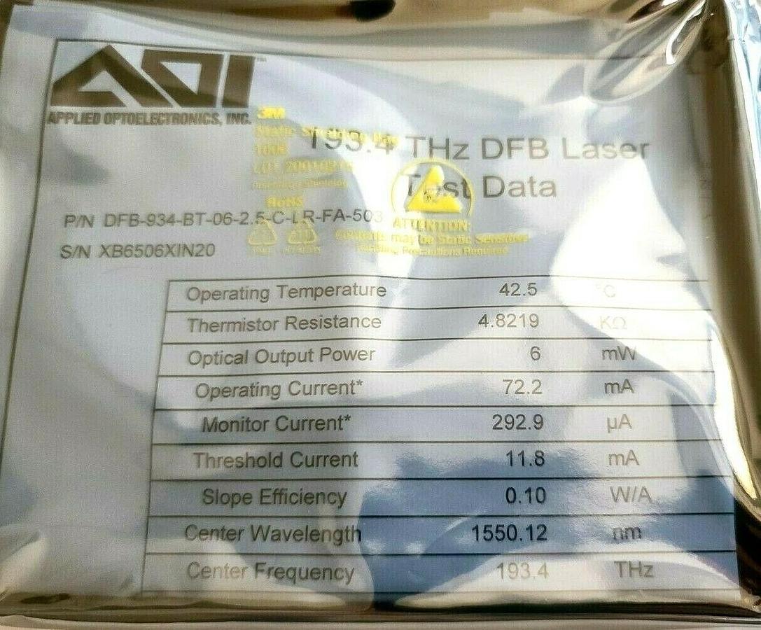 APPLIED OPTPELECTRONICS AOI DFB-934-BT-06-2.5-C-LR-FA-503 193.4THz DFB LASER 6mW