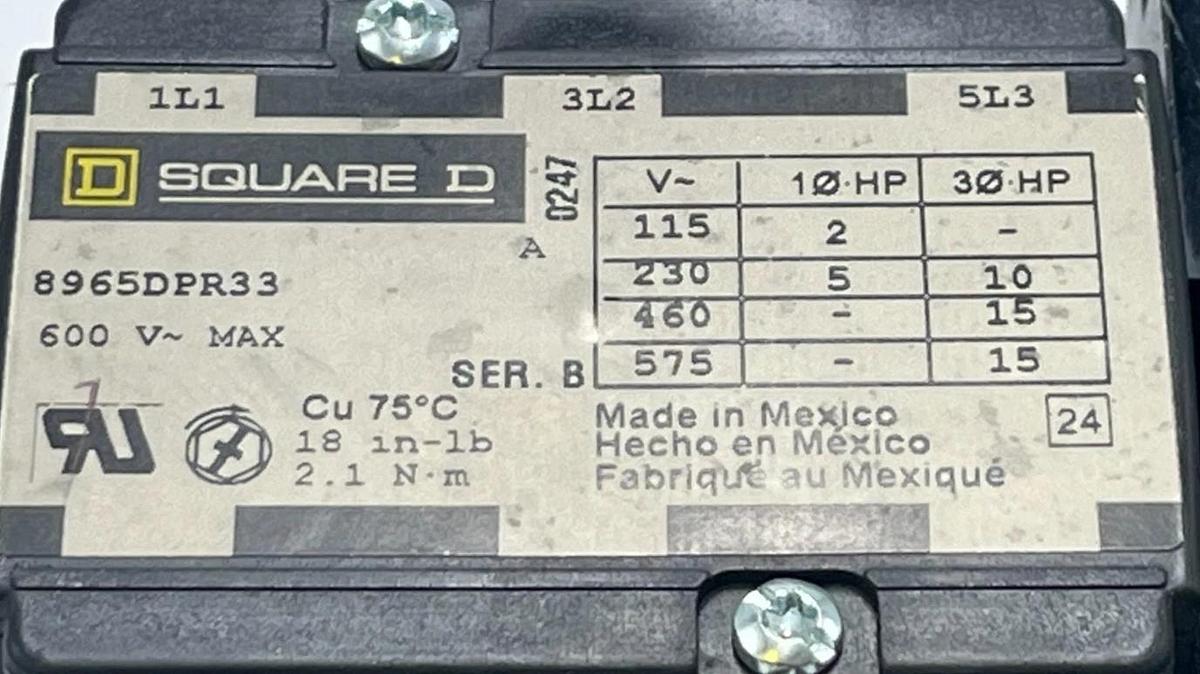 SQUARE D 8965DPR33V02 Ser. B Reversing Hoist Contactor 30A 600V 120V Coil, NSNP