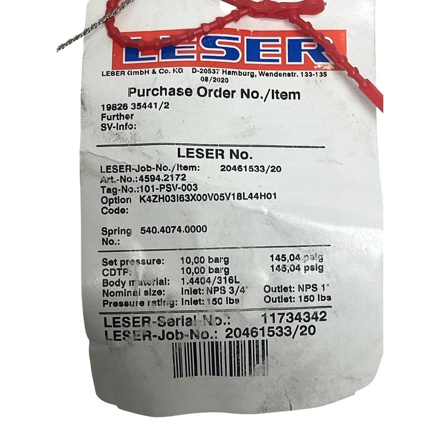 LESER 4594.2172 Safety Relief Valve 10 Bar 3/4" x 1" 316L SS New Surplus w/ Tag