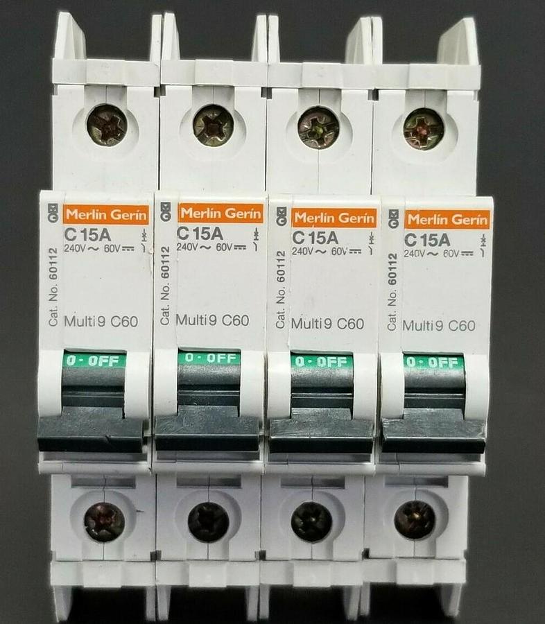 Used LOT OF 4 MERLIN GERIN CAT. NO. 60112 MULTI9 C60 CIRCUIT BREAKERS C15A 240V/60V