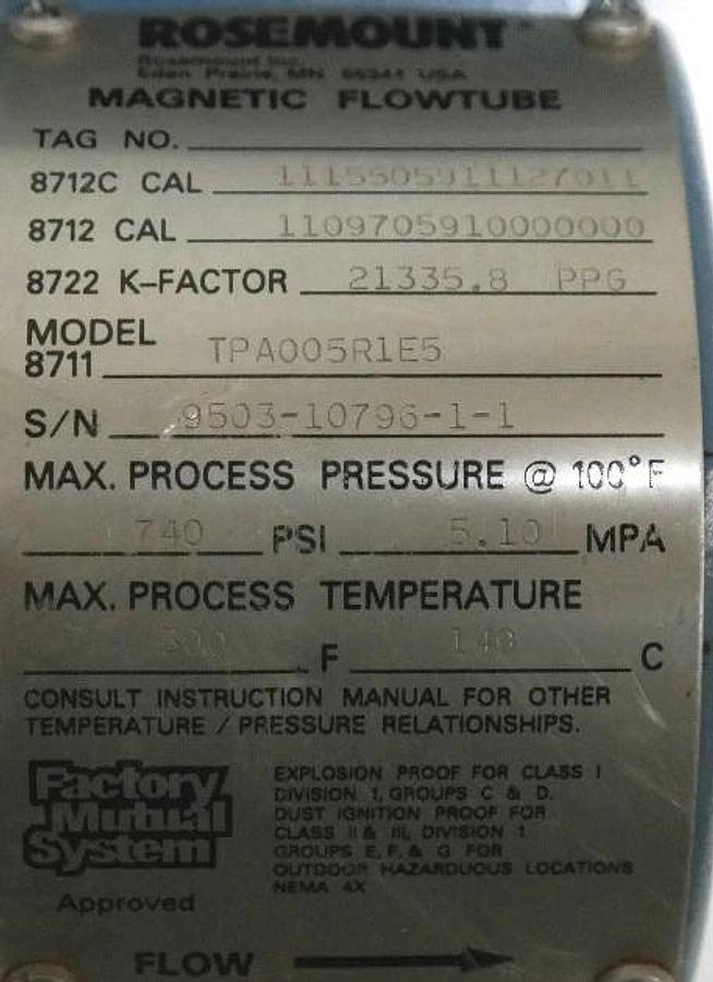 Used ROSEMOUNT 8711 MAGNETIC FLOWTUBE 8711TPA005R1E5, 740PSI 300F 5.10MPA