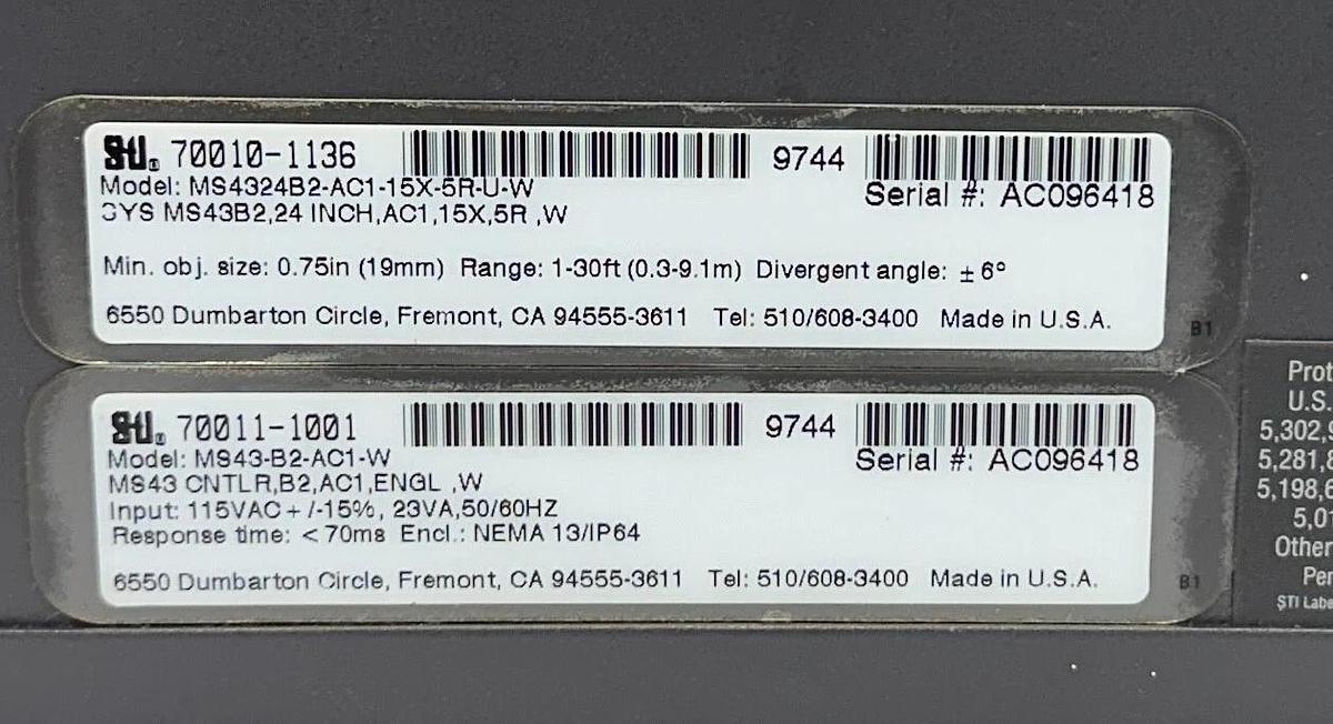 Used STI 70010-1136 / 70011-1001 MiniSafe/FlexSafe 4300B-2 CONTROLLER MS43-B2-AC1-W