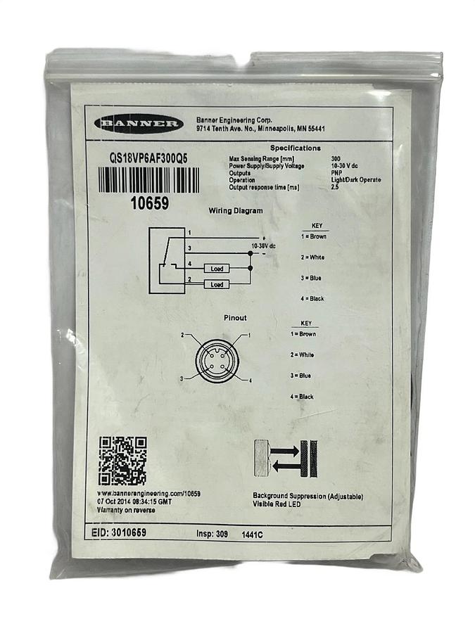 Banner WORLD-BEAM QS18VP6AF300Q5 Sensor AF 300mm PNP New Surplus