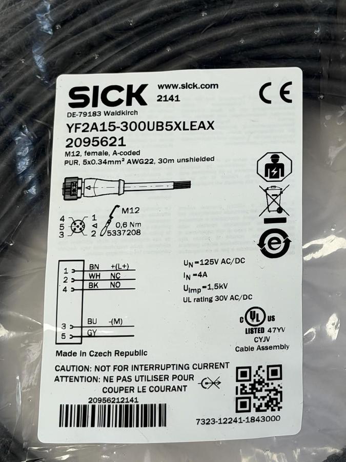 SICK YF2A15-300UB5XLEAX 2095621 Sensor Cable M12 5-Pin Female Open Leads 30M