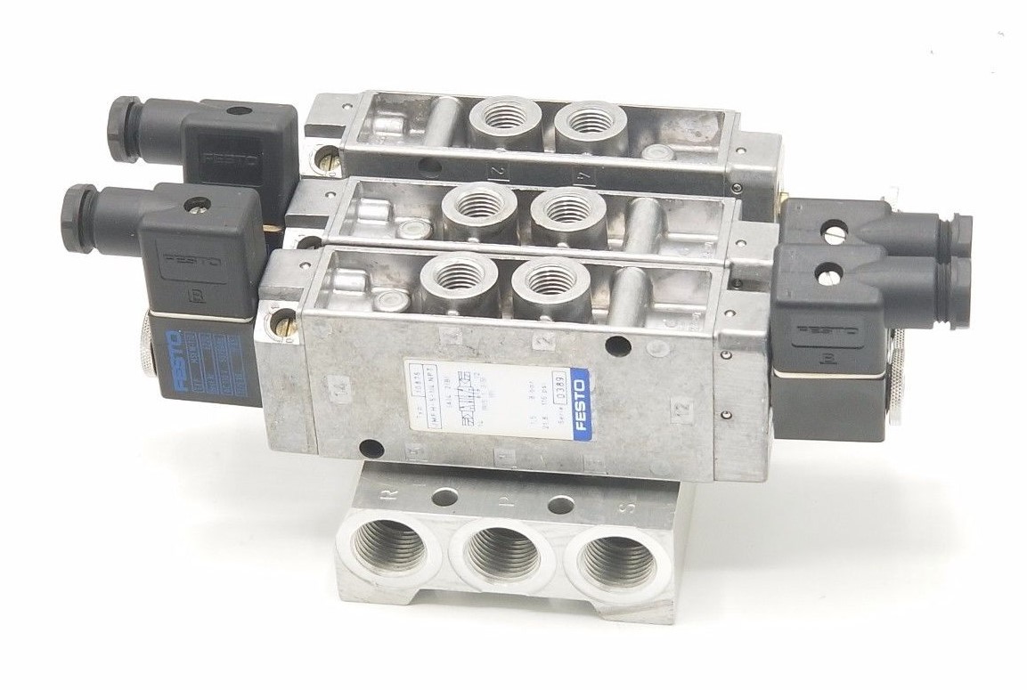 Used FESTO SOLENOID BLOCK VALVE ASSEMBLY JMFH-5-1/4-NPT, 10876, 0389 W/MSFW-110 COILS