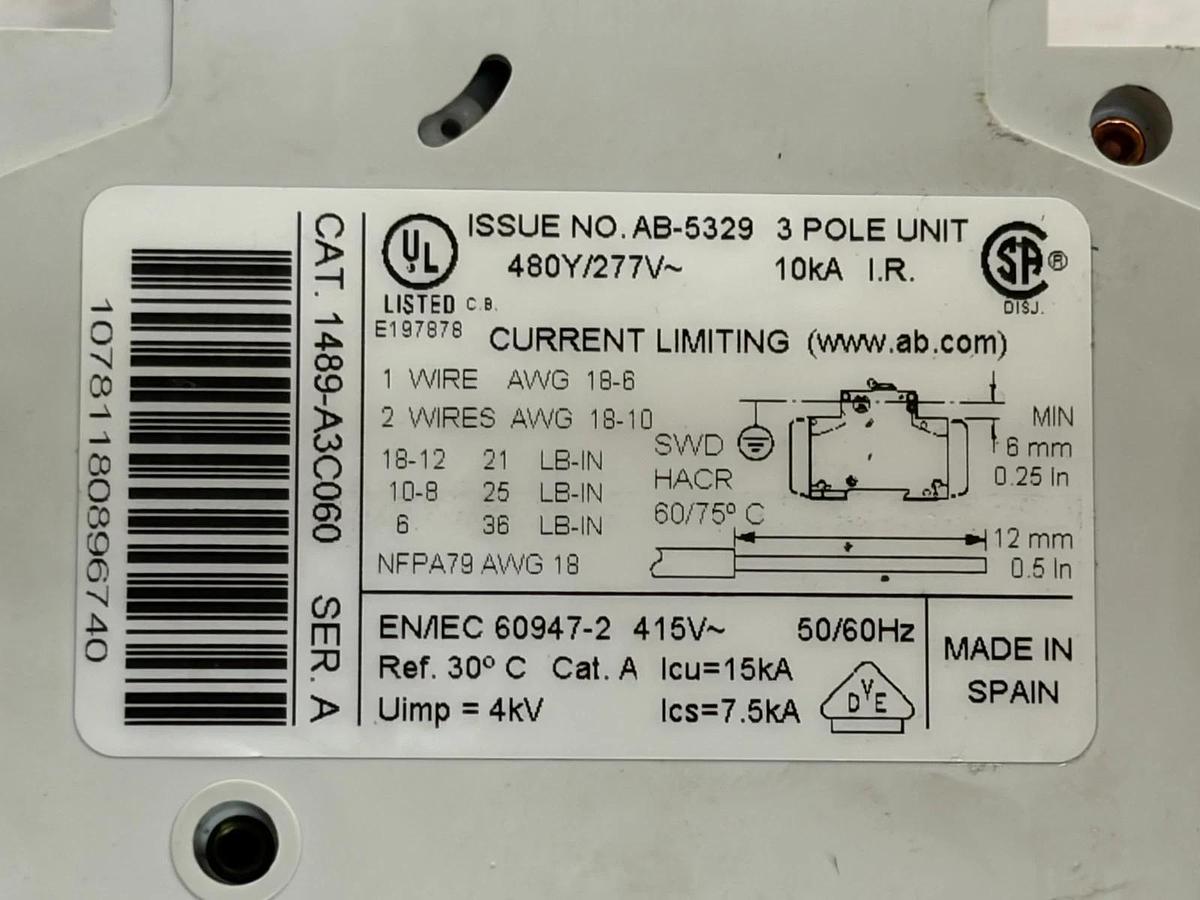 Allen-Bradley 1489-A3C060 Molded Case Circuit Breaker 3-Pole 6A C-Curve New