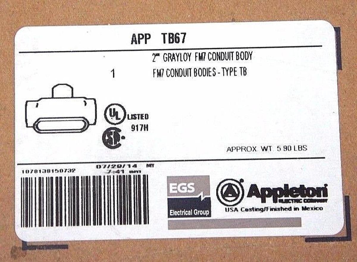 Used NIB APPLETON TB67 GRAYLOY FM7 CONDUIT BODY TYPE TB, 2"