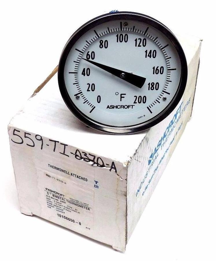 Used NIB ASHCROFT 559-TI-0370-A 5" BIMETAL THERMOMETER, 50-EI-60-E-040, 0-200 DEG F