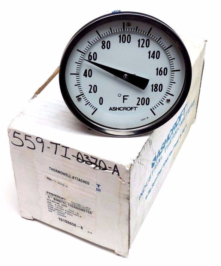 Used NIB ASHCROFT 559-TI-0370-A 5" BIMETAL THERMOMETER, 50-EI-60-E-040, 0-200 DEG F