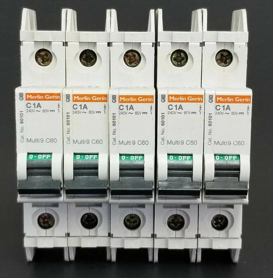 Used LOT OF 5 MERLIN GERIN CAT. NO. 60101 MULTI9 C60 CIRCUIT BREAKERS C1A 240V-60V