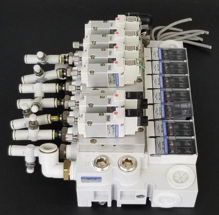 Used KOGANEI PBM7P-3W SOLENOID VALVE BLOCK, GA110E1-PSL-1L-7W, PB24C-38W, PB24C-39W