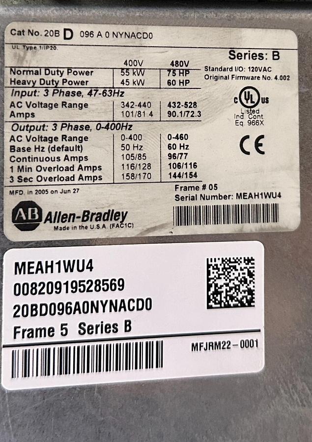 Used ALLEN BRADLEY 20BD096A0NYNACD0 /B PowerFlex 700 AC DRIVE 55kW/75HP 432-528VAC