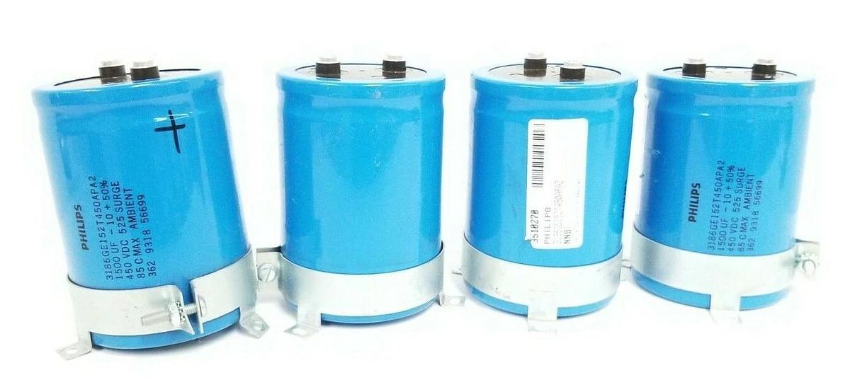 Used LOT OF 4 PHILIPS 3186GE152T450APA2 ELECTROLITIC CAPACITORS 1500 UF 450VDC 56699