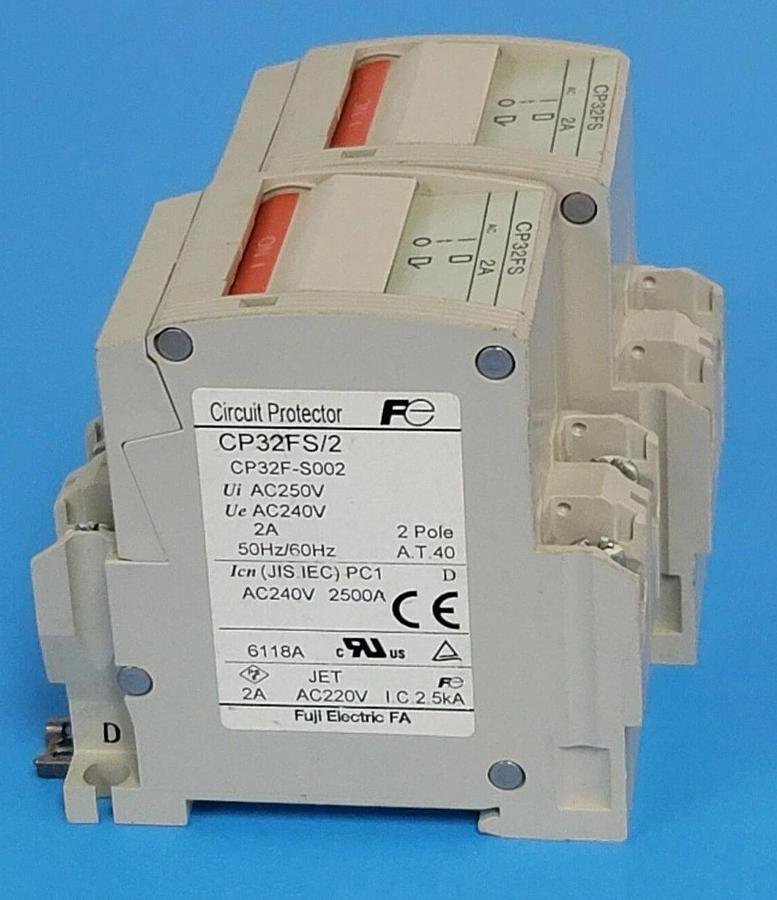 Used LOT OF 2 FUJI ELECTRIC CP32FS/2 CIRCUIT BREAKERS 2AMP 2POLE, CP32F-S002, CP32FS