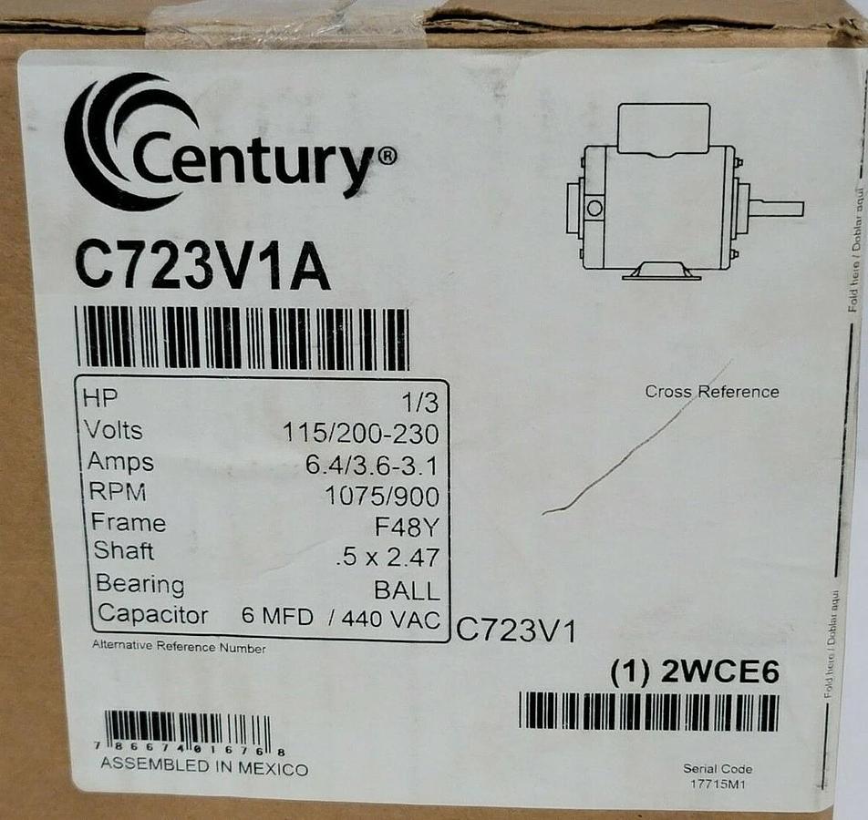 Used NIB CENTURY C723V1A MOTOR 1/3HP, 115/200-230V, FRAME: F48Y