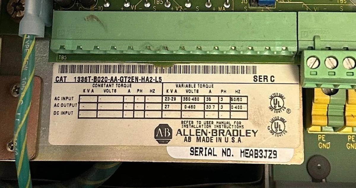 Used ALLEN BRADLEY 1336T-B020-AA-GT2EN-HA2-L5 /C 1336 FORCE AC DRIVE 35A 3PH USNP