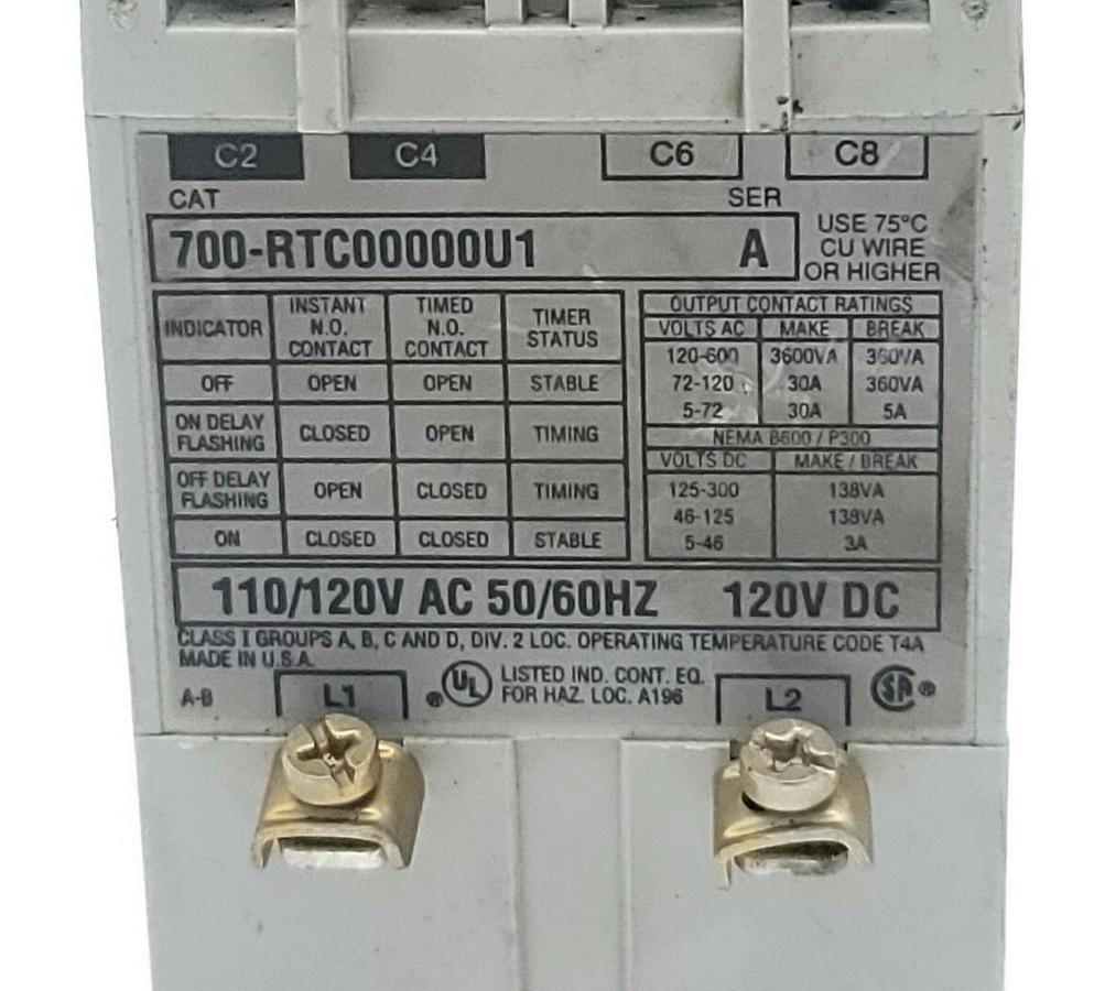 Used ALLEN BRADLEY 700-RTC00000U1 SOLID-STATE TIMING RELAY 120V DC SER. A