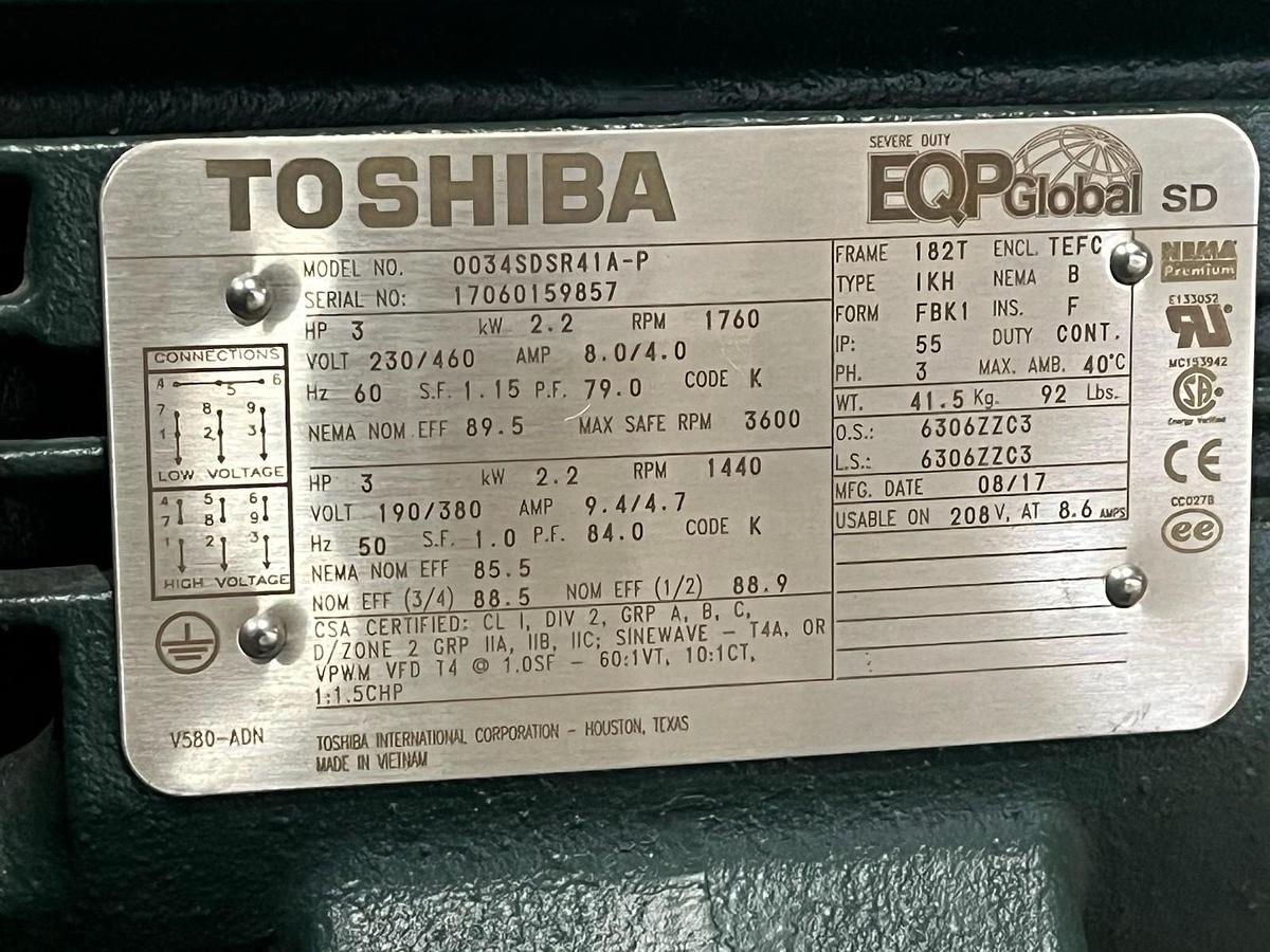 Used Toshiba 0034SDSR41A-P AC Motor | 3 HP | 1800 RPM | 3-Phase 230/460V | Frame 182T