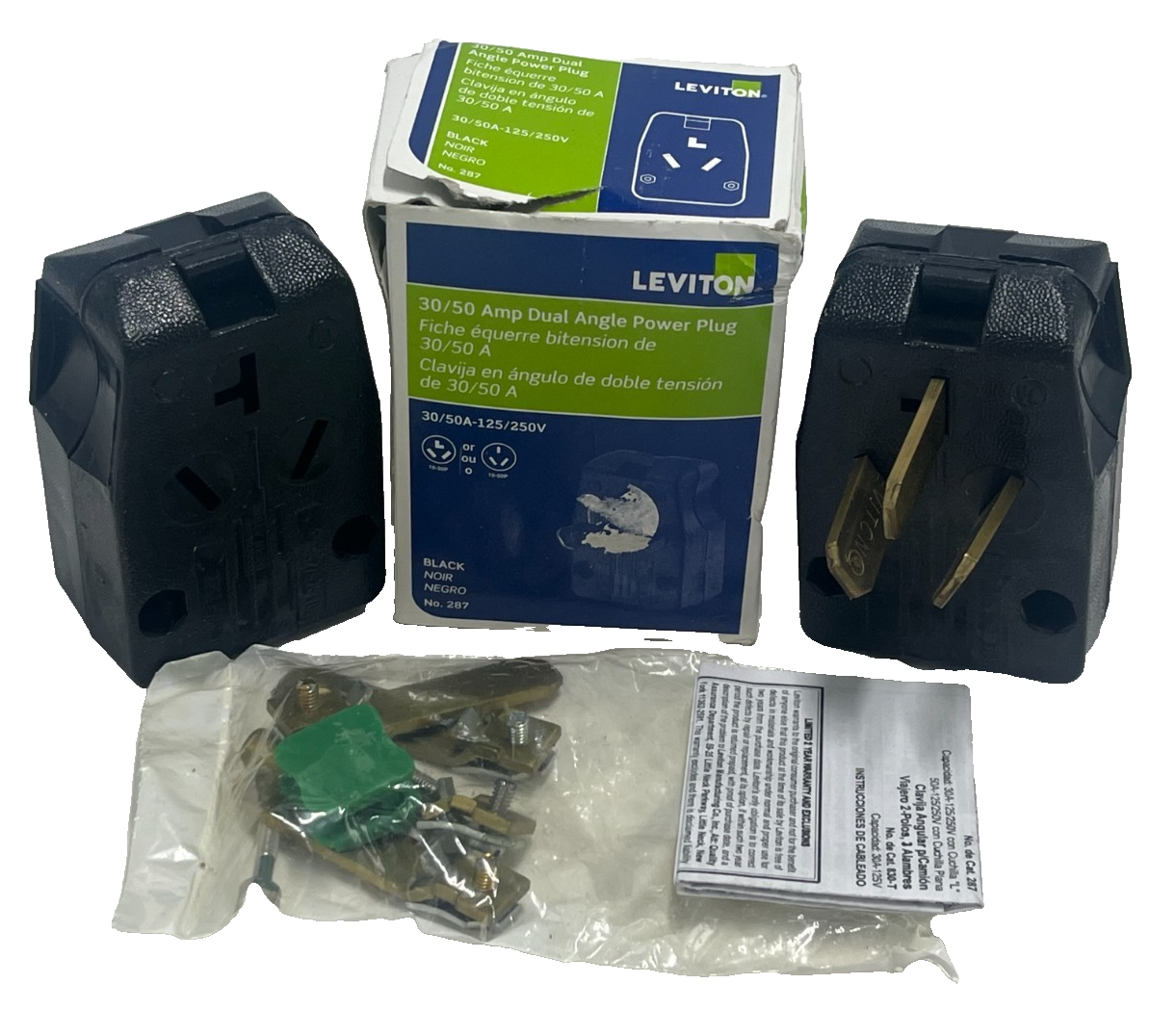 Used 2 Leviton 287-T 30/50A 125/250V Dual Power Angle Plug NEMA 10-30P 10-50P Non-GND