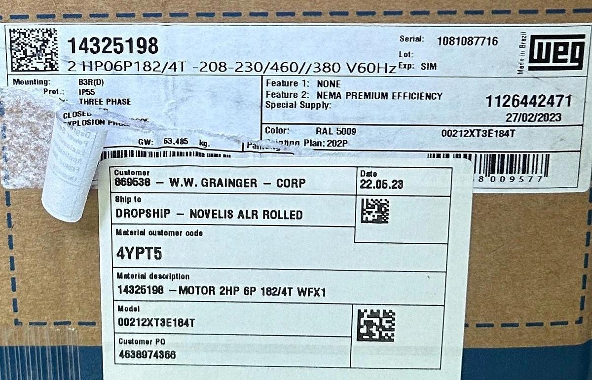 WEG 14325198 / 00212XT3E184T / 2HP06P182/4T EXPLOSION PROOF MOTOR 1.5kW/2HP NSMP
