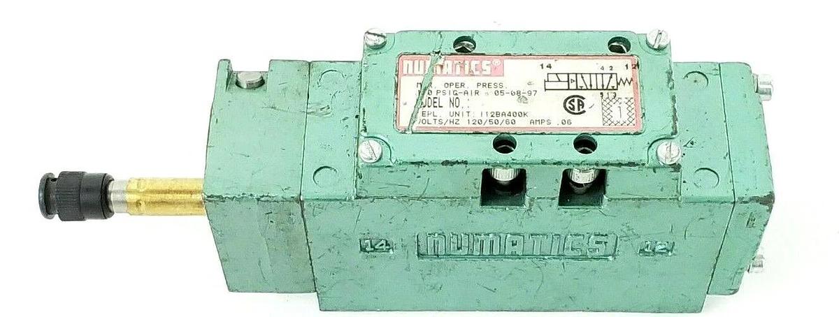Used NUMATICS 112BA400K SOLENOID VALVE .06AMPS, 120/60/50 (NO COILS)