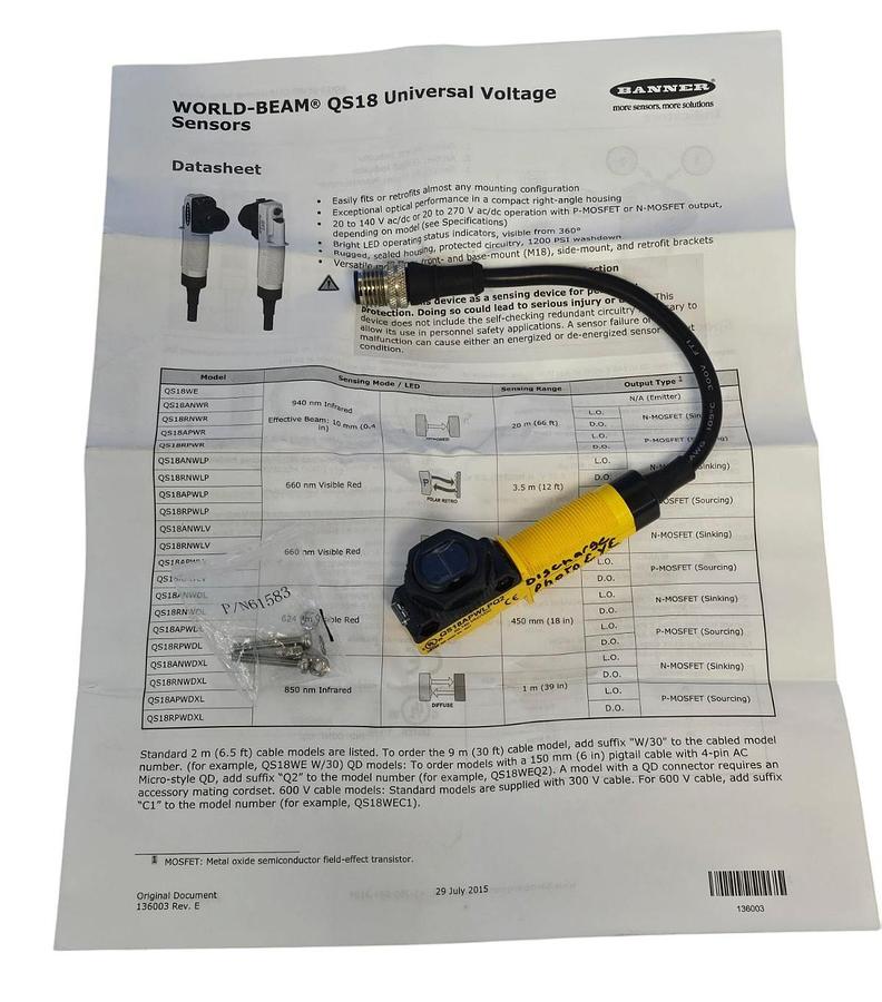 Used BANNER QS18APWLPQ2 WORLD-BEAM PHOTOELECTRIC SENSOR (79575) 20-140 V AC/DC