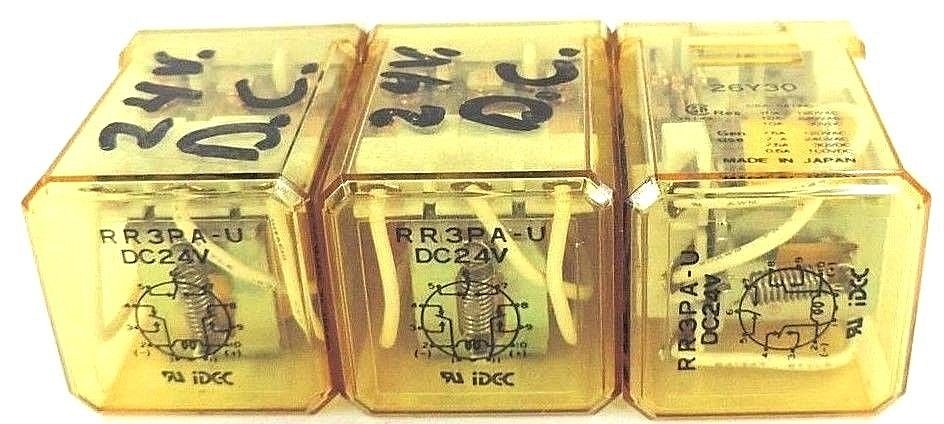 Used LOT OF 3 IDEC RR3PA-U-DC24V RELAYS RR3PA-U RELAYS PLUG-IN 3PDT, 10A, 24VDC