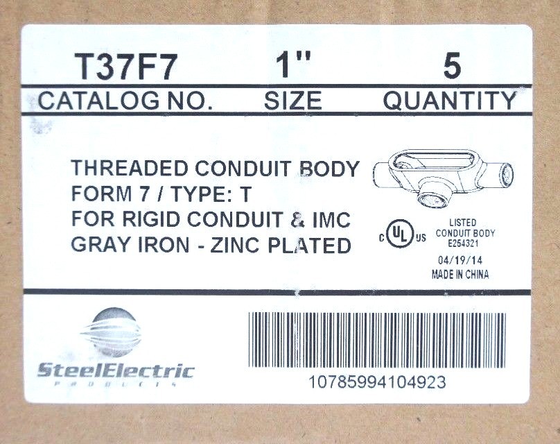 Used BOX OF 5 NEW STEEL ELECTRIC T37F7 1" THREADED CONDUIT BODIES FORM 7, TYPE T, T37