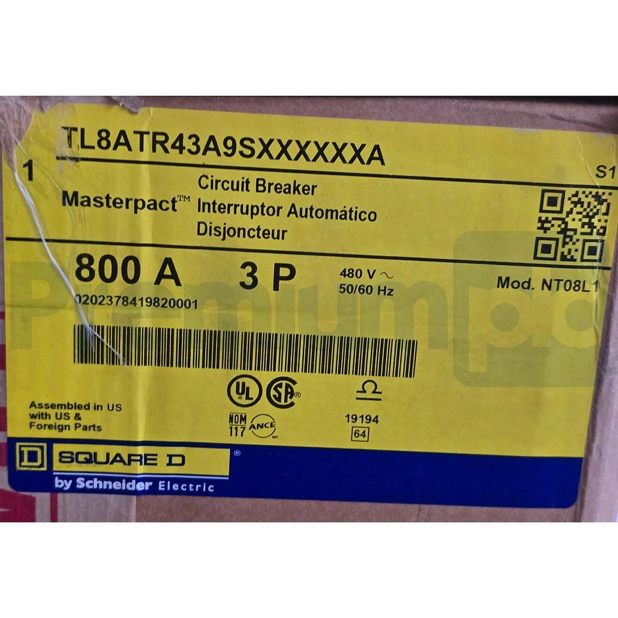 Square D TL8ATR43A9SXXXXXXA MasterPact NT Breaker Mod. NT08L1 3P 480V 800A NSMP