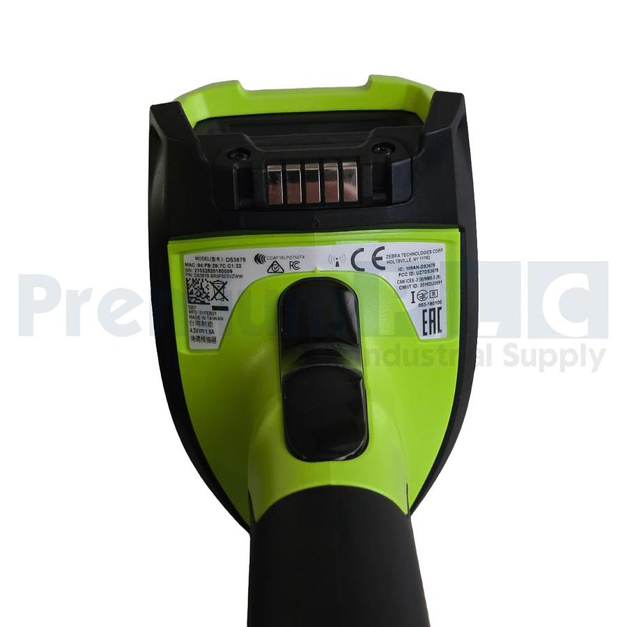 Used NEW ZEBRA DS3678-SR SCANNER SR/FIPS W/ CHARGING CRADLE, POWER ADAPTER, & BATT.