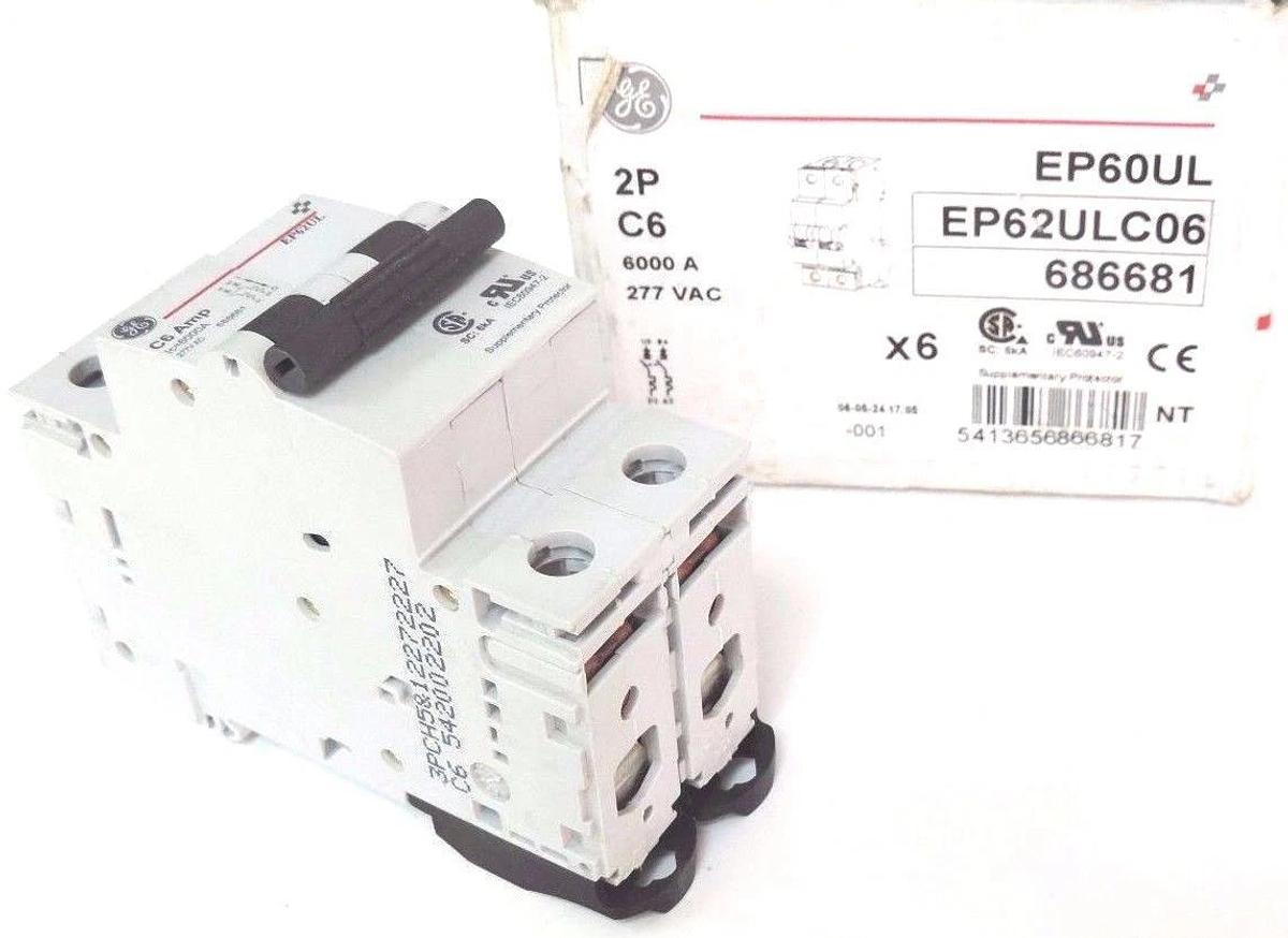 Used BOX OF 6 NEW GENERAL ELECTRIC EP62ULC06 CIRCUIT BREAKERS EP62UL, 2-POLE, 277VAC