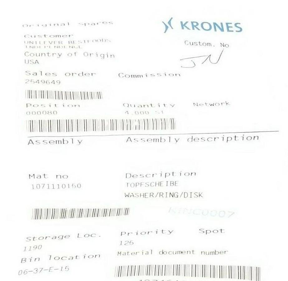 Used LOT OF 4 KRONES 1071110150 WASHER/RING/DISK