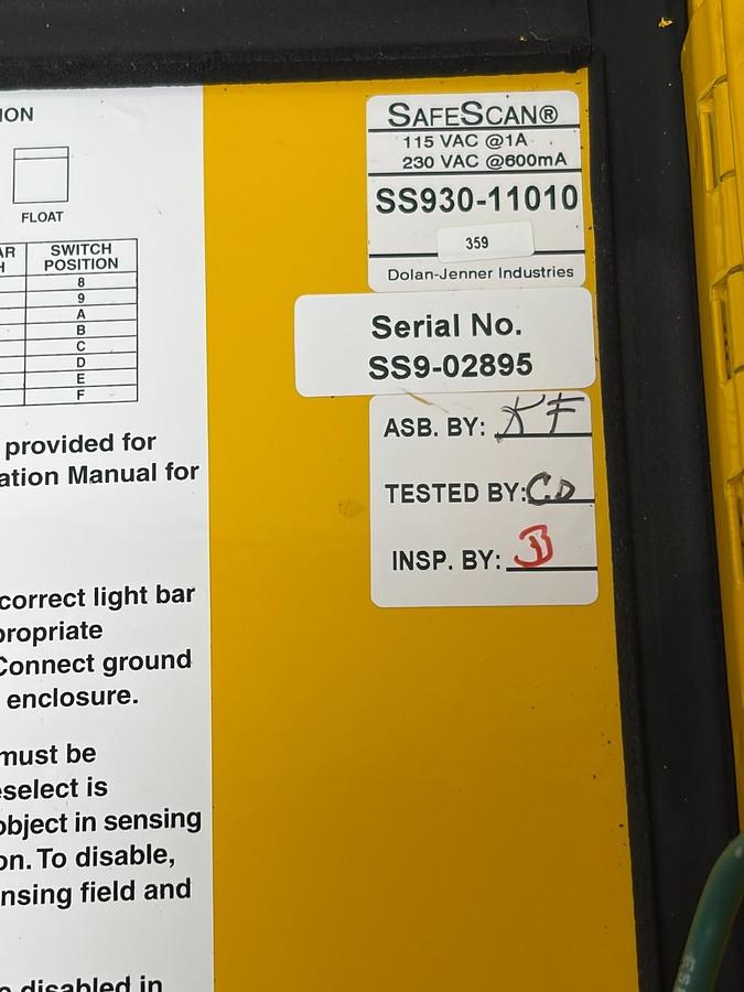 Used Dolan-Jenner SafeScan 9 Safety Light Curtain Controller SS930-11010 Cut Cables