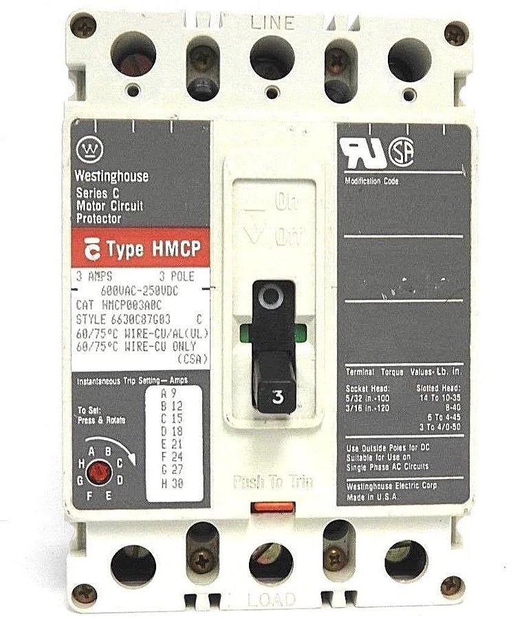 Used WESTINGHOUSE HMCP003A0C CIRCUIT BREAKER S# 6630C87G03, 3 AMPS, SERIES C