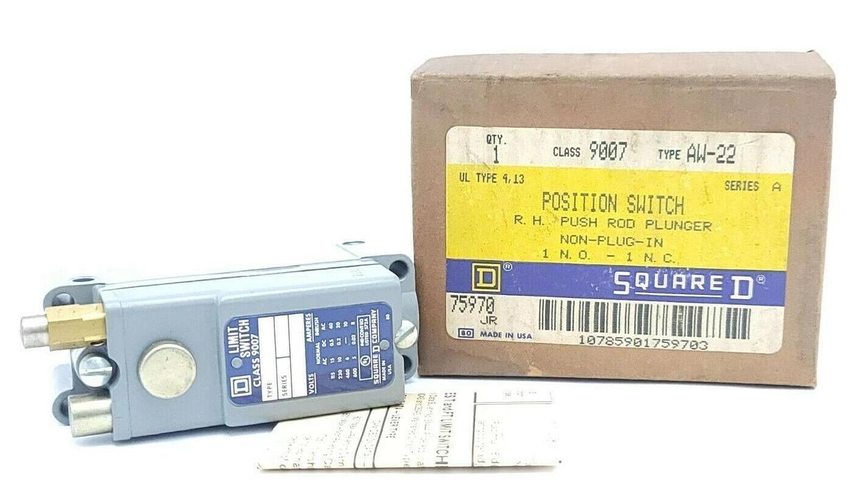 Used NIB SQUARE D 9007-AW-22 POSITION SWITCH R.H PUSH ROD PLUNGER 9007AW22 SER. A