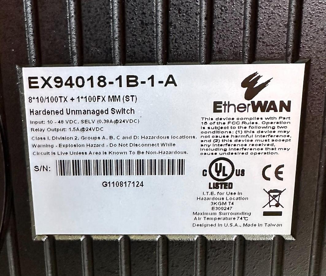 Used NEW EtherWAN EX94018-1B-1-A / EX940181B1A HARDENED UNMANAGED SWITCH 9-PORT