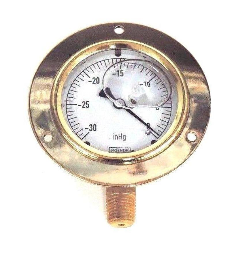Used NIB NOSHOK 25-300-30-VAC 2.5'' BRASS GAUGE 1/4'' NPT BOTTOM CONN., 2530030VAC