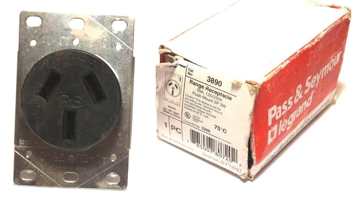 Used PASS & SEYMOUR 3890 RANGE RECEPTACLE 50A, 125/250V, FLUSH MOUNT, AL-CU, 75 DEG C