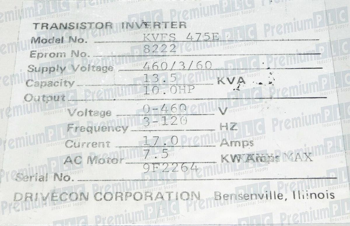 Used DRIVECON CORPORATION KVFS 475E 10.0HP 13.5 KVA TRANSISTOR INVERTER KVFS-475E