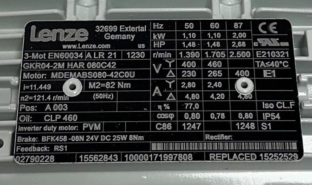 LENZE GKR04-2M HAR 080C42 / MDEMABS080-42C0U GEARMOTOR W/ BRAKE 15562843 NSNP
