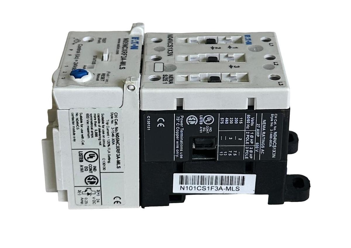 Used NEW EATON N101CS1F3A-MLS / 3-1584-005A NEMA FVNR SIZE 1 STARTER 27A 24VDC 3-POLE